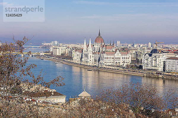 Parlamentsgebäude und Fluss Donau  Budapest  Ungarn  Europa