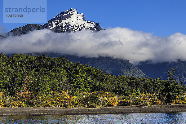 Schneebedeckter Gipfel  üppige Wälder  vom See Todos Los Santos  Smaragdsee  Vicente Perez Rosales National Park  Seengebiet  Chile  Südamerika