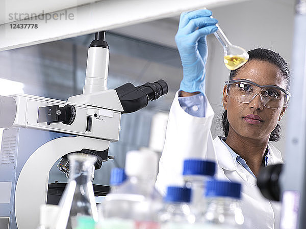 Biotechnology Research  female scientist mixing a chemical formula