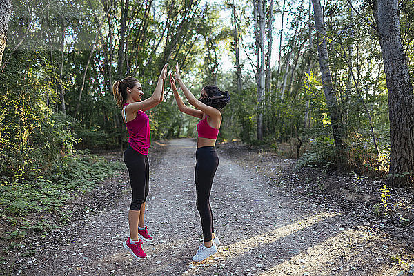 Two active women high fiving in forest