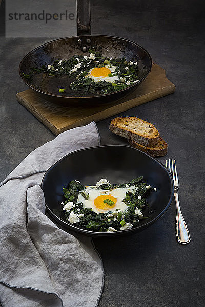 Green Shakshouka with baby spinat  chard  spring onions and basil