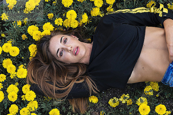 Portrait of attractive young woman lying in flower meadow