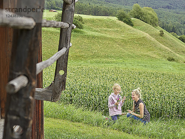 Happy mother and daughter picking flowers in the countryside