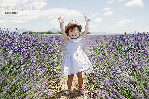 France  Provence  Valensole plateau  Happy toddler girl standing in purple lavender fields in the summer