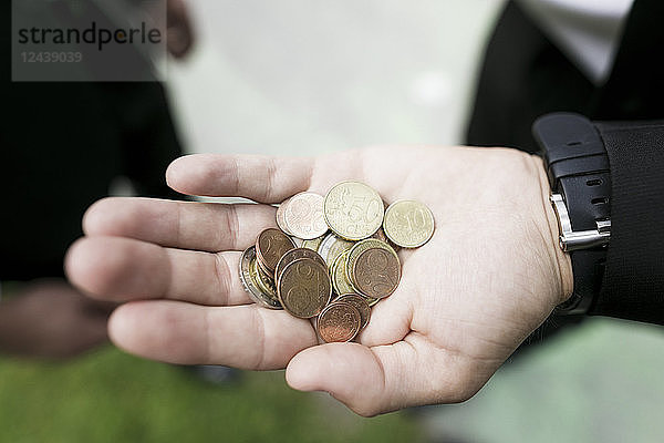 Euro coins in the hand of a businessman