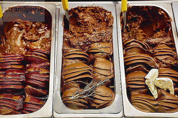 Three different sorts of chocolate ice cream