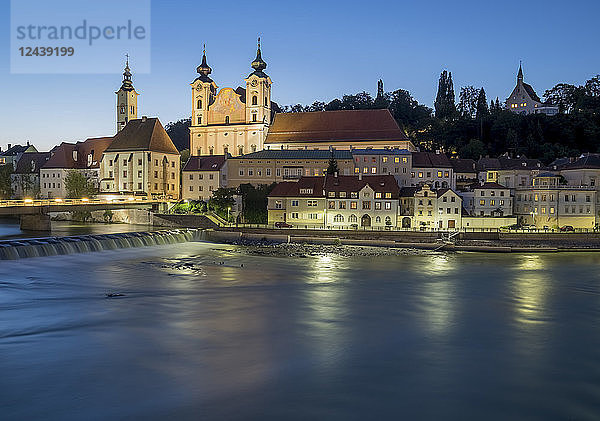 Austria  Upper Austria  Steyr  River Enns and St Michael's Church at blue hour
