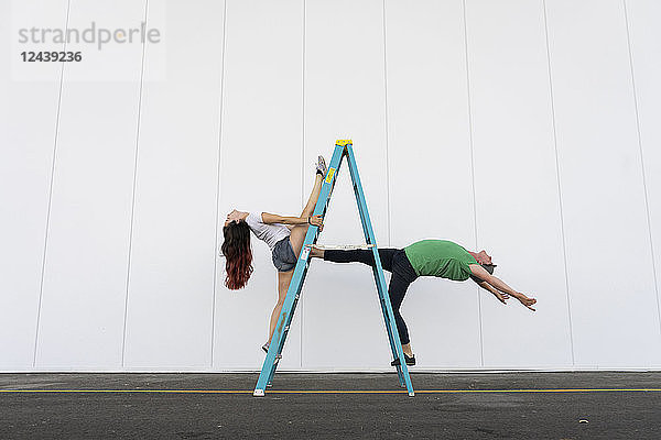 Two acrobats doing tricks on a ladder