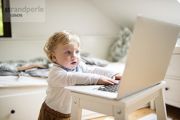 Little boy at home playing with laptop