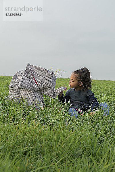 Little girl with origami elephant on meadow