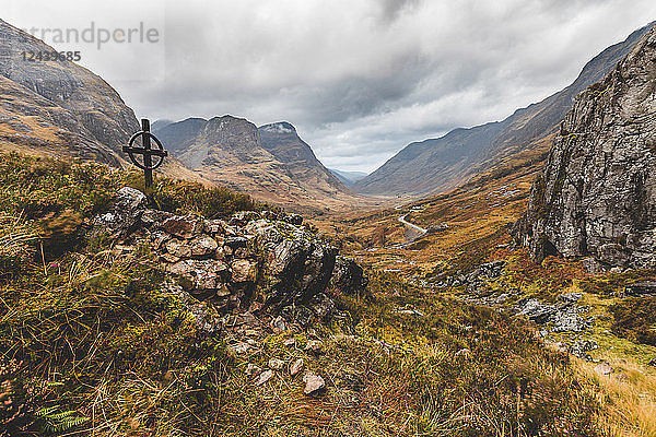 UK  Scotland  Ralston Cairn point near Glencoe with view of the valley and of the Three Sisters