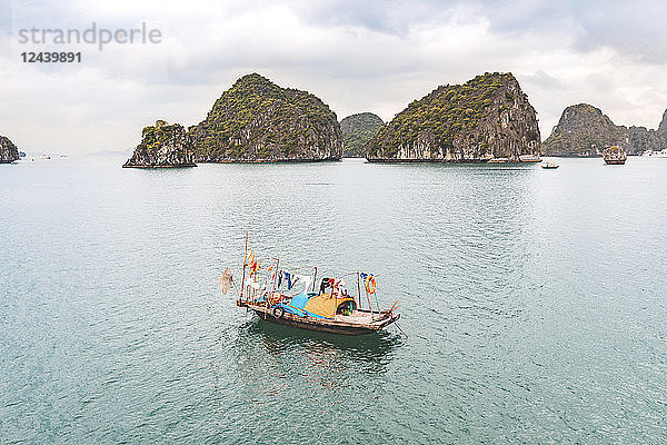 Vietnam  Ha Long bay  with limestone islands and small boat