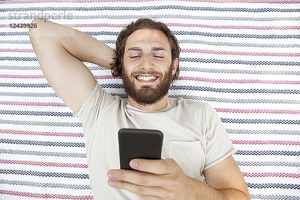 Portrait of smiling man lying on blanket in a park using cell phone  top view