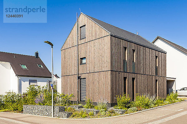 Germany  Baden-Wuerttemberg  Stuttgart  Ostfildern  modern efficiency house  wooden facade  thermal insulation