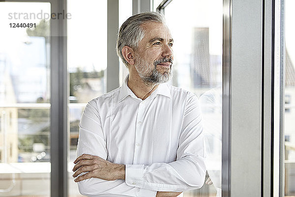 Portrait of smiling businessman looking out of window