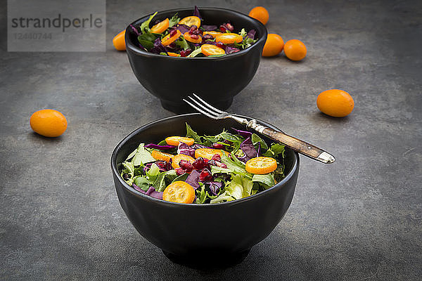 Bowl of mixed green salad with red cabbage  kumquat and pomegranate seeds