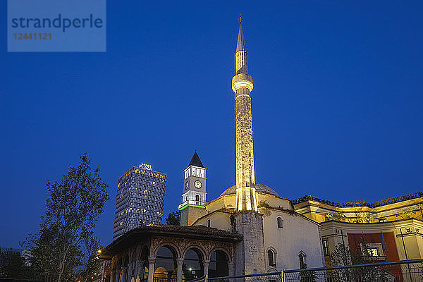 Albania  Tirana  Et'hem Bey Mosque  Clock Tower and TID Tower at blue hour