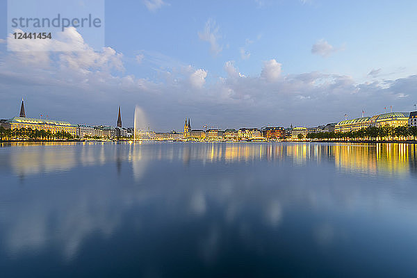 Germany  Hamburg  panoramic view of Inner Alster and Alster fountain in the evening