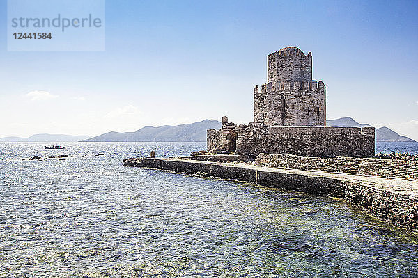Greece  Peloponnese  Messenia  Methoni  Fortress  Tower Burtzi and Sapientza Island in the background