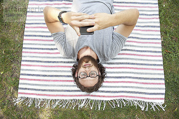 Man lying on blanket in a park using cell phone  top view