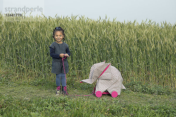 Little girl with origami elephant at field