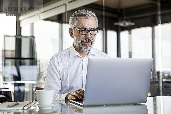 Businessman using laptop at desk in office