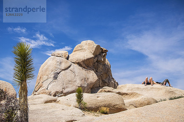 Zwei Personen beim Sonnenbaden auf einem Felsen im Joshua Tree National Park; Kalifornien  Vereinigte Staaten von Amerika
