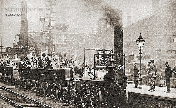 Die Eisenbahnlokomotive von George Stephenson auf der Fahrt von Stockton nach Darlington im Jahr 1925 anlässlich des hundertjährigen Jubiläums der ersten Fahrt im Jahr 1825. Aus These Tremendous Years  veröffentlicht 1938.