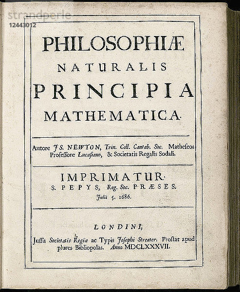 Philosophiæ Naturalis Principia Mathematica  von Isaac Newton. (Mathematische Grundsätze der Naturphilosophie). Titelblatt der ersten Ausgabe vom 5. Juli 1687.