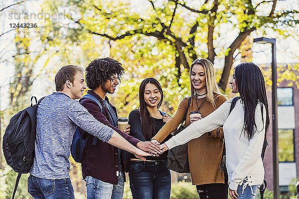 Fünf befreundete Studenten unterschiedlicher ethnischer Herkunft stehen auf einem Universitätscampus und legen ihre Hände übereinander  um sich zu versichern  dass sie ein erfolgreiches Schuljahr haben werden  Edmonton  Alberta  Kanada