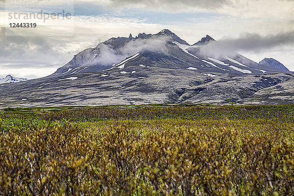 Weitwinkelblick beim Wandern auf dem Hochplateau in Richtung des schlafenden Vulkans im Vatnajokull-Nationalpark  Island