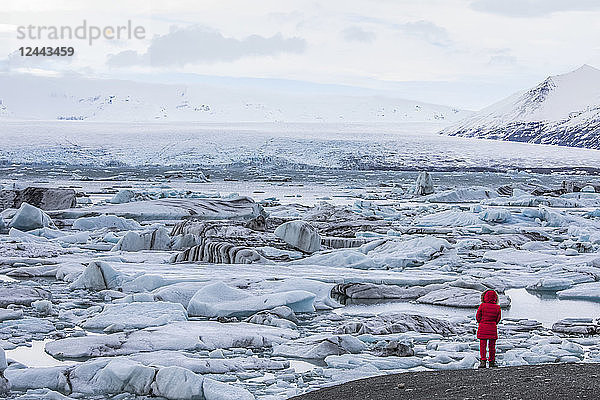 Stehende Person mit Blick auf das Eis und die Eisberge bei Jokulsarlon  Südküste  Island