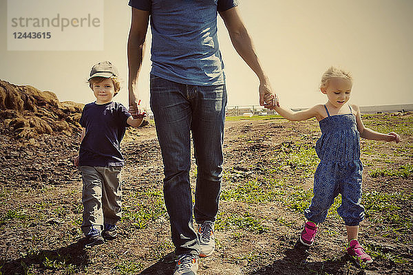 Ein Vater geht mit seinem kleinen Sohn und seiner Tochter auf einem Bauernhof spazieren und hält sie an der Hand  Edmonton  Alberta  Kanada
