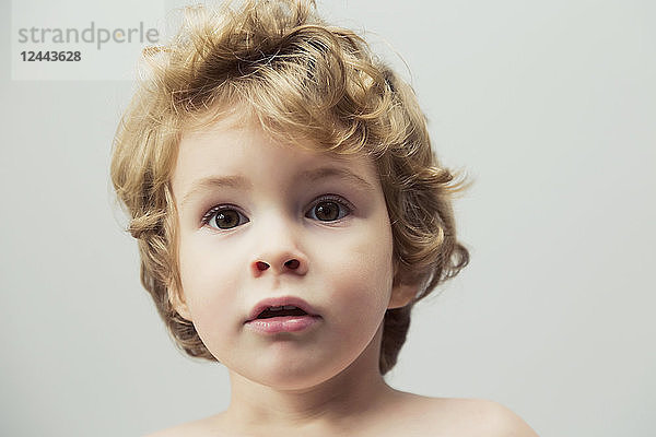 Porträt eines süßen kleinen Jungen mit langen blonden Locken vor einem grauen Hintergrund; Langley  British Columbia  Kanada