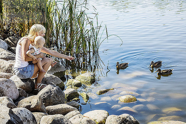 Eine junge Mutter genießt die Zeit im Freien mit ihrer kleinen Tochter und beobachtet und füttert gemeinsam Enten in einem Stadtpark an einem warmen Sommertag  Edmonton  Alberta  Kanada