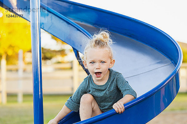 Ein junges Mädchen mit blonden Haaren spielt auf einem Spielplatz und fährt an einem warmen Herbsttag eine Rutsche hinunter  Spruce Grove  Alberta  Kanada