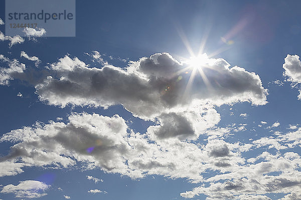 Kumuluswolken an einem blauen Himmel mit dahinter hervorbrechendem Sonnenlicht  Edmonton  Alberta  Kanada