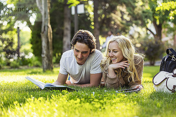 Ein junges Paar liegt im Gras auf dem Universitätscampus und studiert ein Lehrbuch und benutzt ein Tablet  Edmonton  Alberta  Kanada