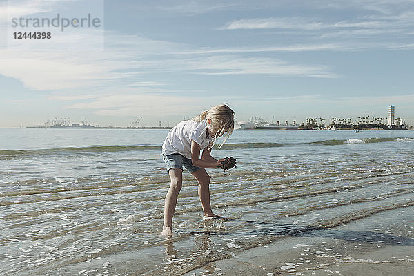 Ein junges Mädchen spielt im nassen Sand an der Küste; Long Beach  Kalifornien  Vereinigte Staaten von Amerika