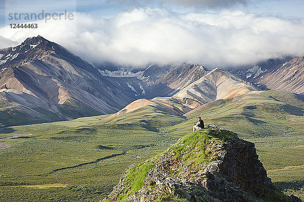 Älterer Mann sitzt auf einem Felsvorsprung am Polychrome Pass mit Alaska Range im Hintergrund  Denali National Park & Preserve  Interior Alaska  Sommer