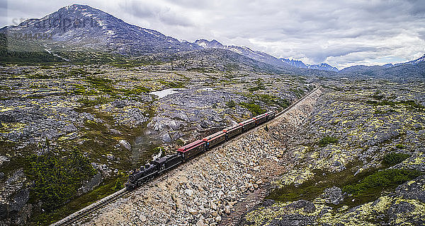 Ein Zug fährt durch die karge Landschaft auf seinem Weg nach Carcross  Yukon Territory  Kanada