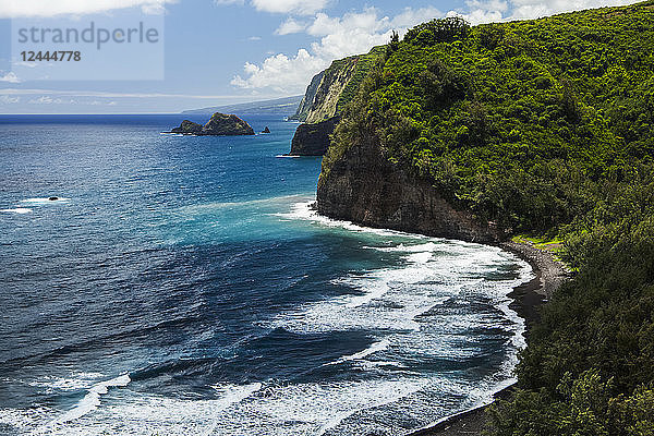Blick auf die Hamakua-Küste von einem Aussichtspunkt am Wanderweg  Pololu Valley  North Kohala  Insel Hawaii  Hawaii  Vereinigte Staaten von Amerika