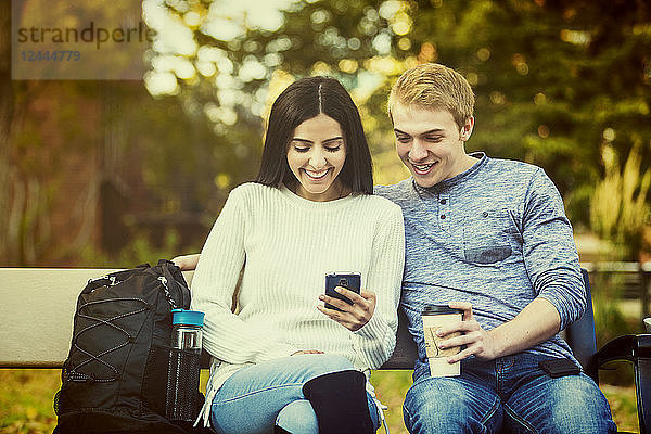 Junges Studentenpaar  das auf einer Bank auf dem Campus sitzt und mit einem Smartphone soziale Medien nutzt  Edmonton  Alberta  Kanada