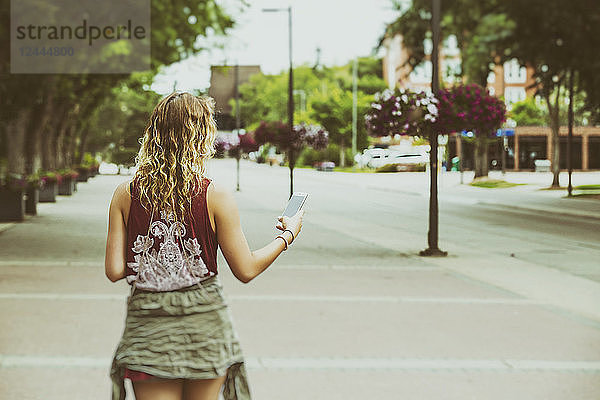 Eine junge Frau geht einen Weg auf dem Universitätscampus entlang und liest auf ihrem Smartphone  Edmonton  Alberta  Kanada