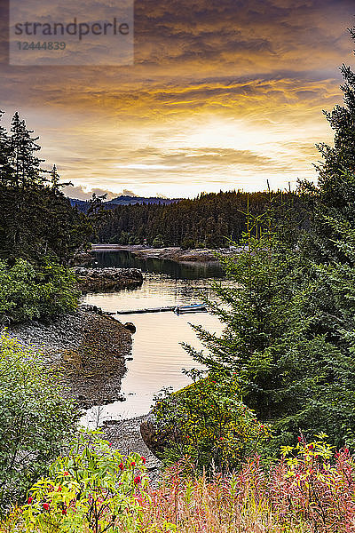 Ein malerischer Blick auf die Küstenlinie mit Wäldern und Laub in Herbstfarben und einem kleinen Boot  das an einem Steg in der Nähe der Tutka Bay am südlichen Ende der Kachemak Bay vertäut ist; Homer  Alaska  Vereinigte Staaten von Amerika