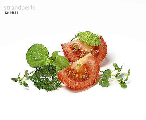 Tomatenscheiben mit frischem Basilikum  Oregano  Petersilie und Sprossen