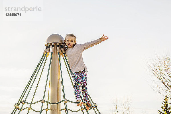 Ein junges Mädchen freut sich  als es an einem warmen Herbstabend auf einem Spielplatz die Spitze eines Kletterseils auf einem Karussell erklimmt; Edmonton  Alberta  Kanada