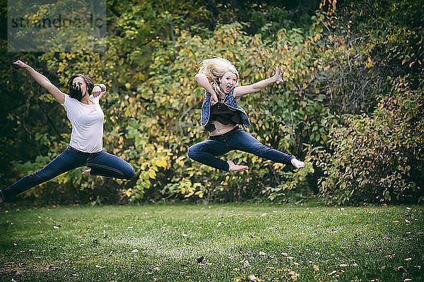 Zwei Freundinnen  die durch die Luft springen und versuchen  eine Kampfsport-Kick-Bewegung zum Spaß im Freien in einem Park an einem Herbstabend durchzuführen  Edmonton  Alberta  Kanada