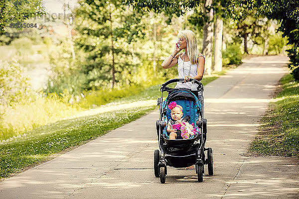 Eine hübsche junge Mutter geht mit ihrer kleinen Tochter im Kinderwagen in einem Park mit einem See an einem warmen sonnigen Tag spazieren und telefoniert dabei mit ihrem Handy  Edmonton  Alberta  Kanada