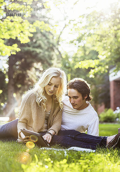 Ein junges Paar  das im Freien auf dem Rasen des Universitätsgeländes studiert und mit einem Tablet in einem Lehrbuch blättert  Edmonton  Alberta  Kanada